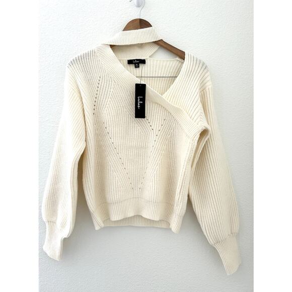 Lulus Trendy Forecast Ivory Pointelle Knit Mock Neck Cutout Sweater XL NWT - Picture 5 of 7